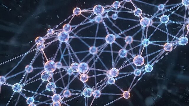 Abstract ai neural network visualization glowing sphere molecule connection web motion futuristic science background digital data flow pattern modern technology depth blur dreamy energy flow