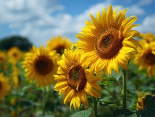 Vibrant yellow sunflowers with detailed centers against a bright blue sky with scattered clouds image