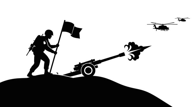 Silhouette Soldier with Cannon and Helicopters, Military Victory Concept