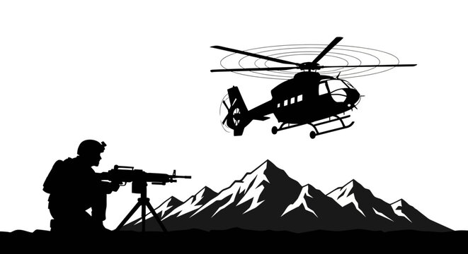 Silhouette Soldier with Machine Gun and Helicopter Over Mountains