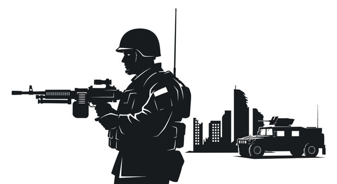 Silhouette Soldier with Machine Gun and Military Vehicle in Urban Cityscape