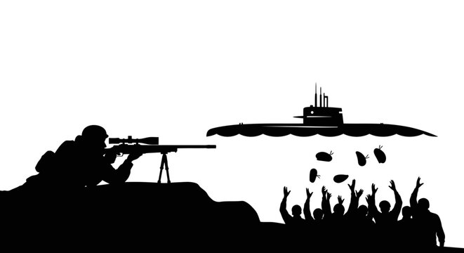Sniper Aims at Submarine Dropping Bombs on Crowd