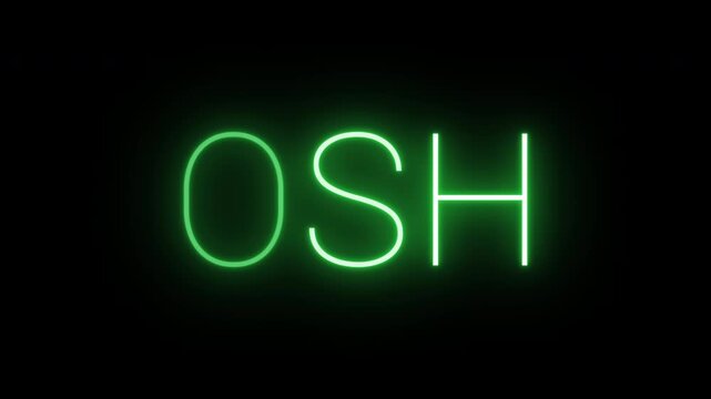 Flickering neon green glowing osh sign animated on black background.
