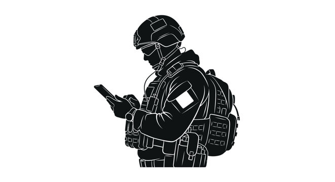 Soldier in tactical gear using smartphone, modern warfare technology, communication concept