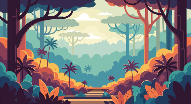 A stylized jungle scene with trees, palms, and a winding path