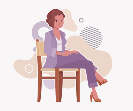Modern female business leader, smart businesswoman chair sit pose. Elegant beautiful girl wearing purple blouse, lavender cardigan vector flat style cartoon illustration abstract creative background