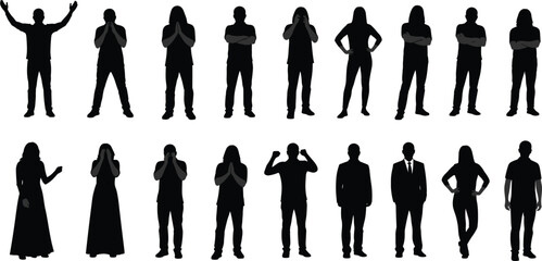 Men and women silhouettes showing emotions and body language poses isolated on white background, expressing feelings, attitudes, and people behavior © arafat999