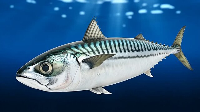 A vibrant Atlantic mackerel fish swimming gracefully in clear blue ocean water.
