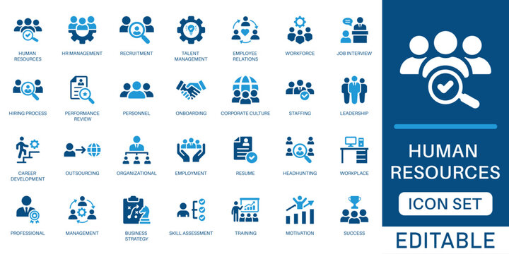 Human resources icon set. featuring recruitment, hiring process, employee training, workforce management, and corporate leadership elements in blue flat design style.