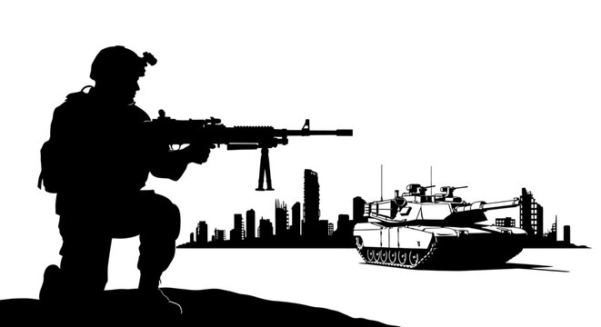 Soldier with Machine Gun and Tank Silhouette Against City Skyline