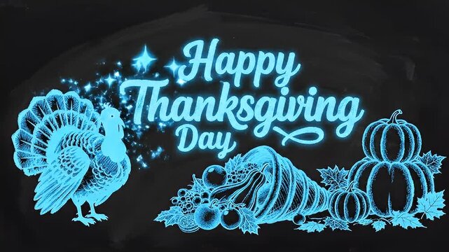 A video showcasing a Happy Thanksgiving Day graphic design with a turkey and pumpkins
