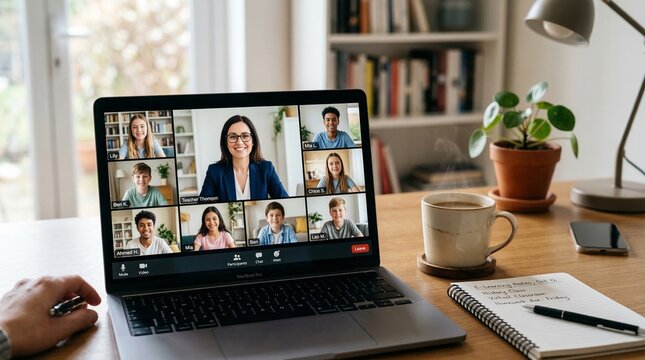 Remote worker on laptop with virtual classroom video call on screen online meeting with multiple participants home office setup with coffee cup and notebook