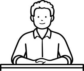 Obraz premium Hand Drawn Man Sitting at Desk Black and White Avatar Illustration in Minimal Line Art Style Design
