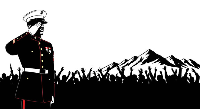 US Marine Salutes Crowd Before Majestic Mountains