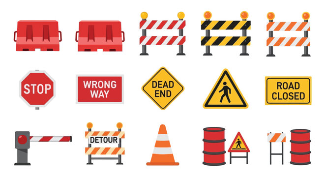 Construction and traffic control elements displayed in a colorful arrangement