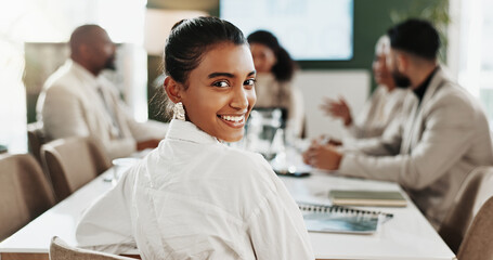 Fototapeta premium Boardroom, portrait and smile of business woman in office for accounting, collaboration or meeting. Confidence, finance and teamwork with happy person in corporate workplace for investment banking