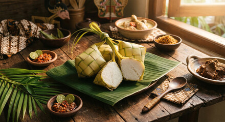 Traditional Indonesian Eid Meal with Ketupat and Rendang on Rustic Table