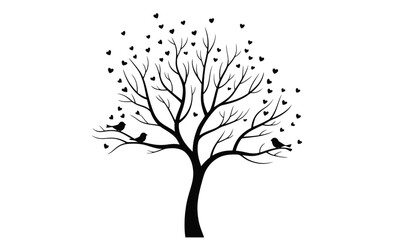 Obraz premium Tree silhouette with birds and hearts on a white background