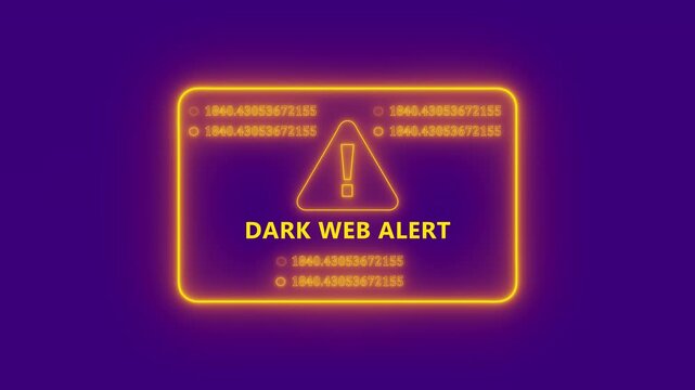 Dark web alert cybersecurity warning interface animation with glowing neon threat notification, futuristic hacker network monitoring and technology security display