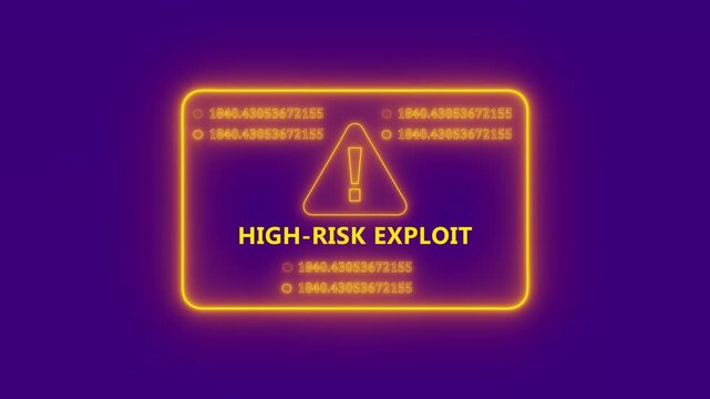 High risk exploit cybersecurity warning interface animation with glowing neon threat alert panel, futuristic hacker vulnerability notification and technology security display