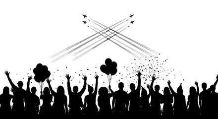 Naklejka premium Crowd celebrating with air show and balloons, silhouette against sky