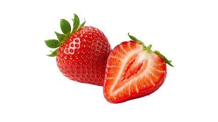 Fresh strawberries, whole and halved, on white background