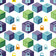 Obraz premium Seamless pattern of isometric cubes with circuit board and lock icons