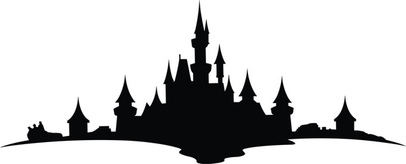 Black silhouette illustration of ornate castle with spires and turrets, symbolizing fantasy architecture, fairy-tale themes, magical storytelling, and imaginative design elements. © Ariful