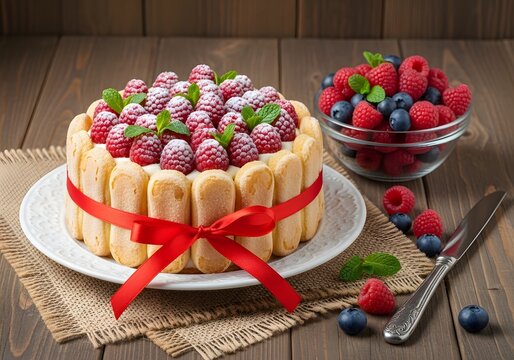 Raspberry charlotte cake with fresh berries
