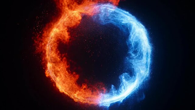 Stunning dynamic display intense energy. Fiery red flame, cool blue forms luminous circle. Captivating balance. Brilliant fire, icy blue contrast. Abstract sphere duality. Vibrant blue frost clashes