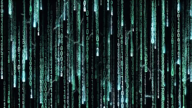 A digital rendering features streams of binary code in a teal color cascading against a dark background, suggestive of data