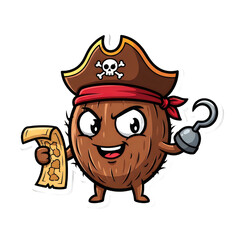 Adventurous pirate captain cartoon character holding a treasure chest key isolated on transparent background