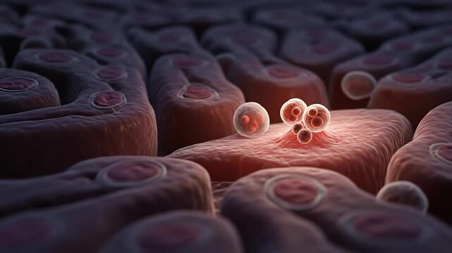 Microscopic view of cells with a cluster of dividing or abnormal cells highlighted.