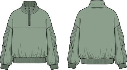 Sage Green Women Quarter Zip Oversized Sweatshirt Technical Fashion Illustration Vector Flat Sketch Front and Back View Mockup Clothing Template. © Saila