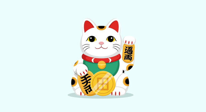 Lucky Cat Maneki Neko Waving Paw with Gold Coin and Japanese Symbols