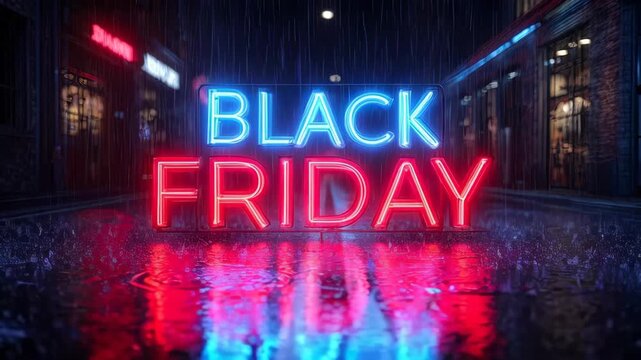 Glowing neon Black Friday sign on a wet dark city street at night with heavy rain falling and colorful reflections in puddles