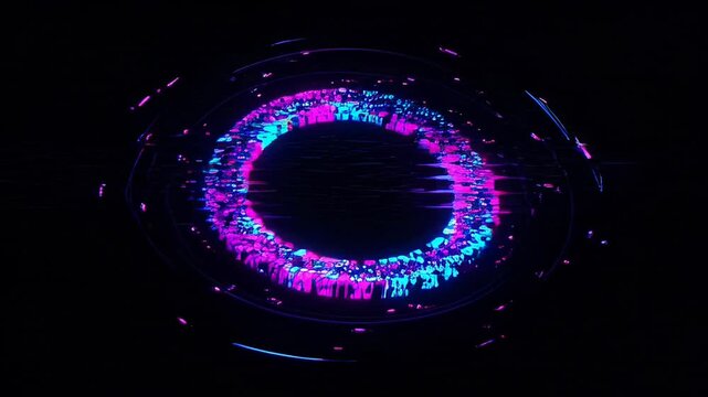 Vibrant abstract background with dynamic spiral of glowing blue magenta particles. Mesmerizing digital neon ring creates futuristic vortex effect. Captivating energetic display with vivid hues