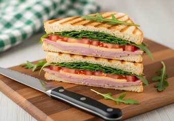 Delicious sandwich cut in half on wooden board with knife