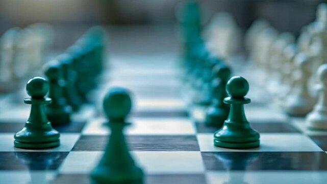 A close-up, shallow depth of field shot of a chessboard with green and white chess pieces set up for a game, ready for the first move.