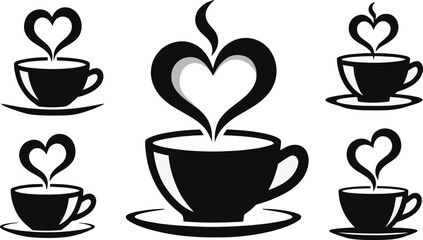 Obraz premium A brown vector illustration of a hot coffee cup icon featuring heart design elements and rising steam for a cafe beverage logo