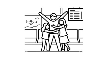 Fototapeta premium Family Reunion at Airport: Father Hugs Daughters, Travel, Departure, Arrival, Joyful Moment