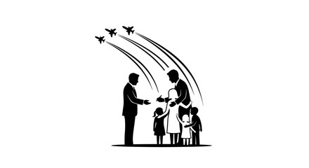 Obraz premium Father greeting son, family, jets flying overhead, welcome home, military, celebration