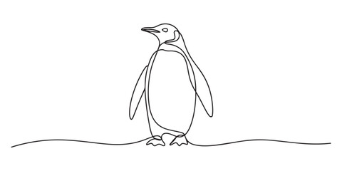 Continuous one line drawing of a penguin and its flippers close to its body, representing cuteness and endurance, line art style vector illustration.  © Md