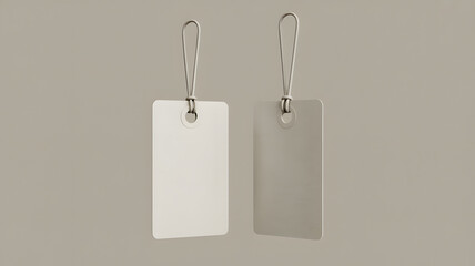 Two identical blank rectangular tags hanging from strings with subtle shadows on a clean minimal bac