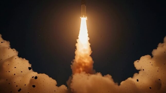 Mighty Space Rocket Blasting Off with Intense Fiery Propulsion, Illuminating the Dark Sky and Symbolizing Humanity's Ascent into the Cosmos