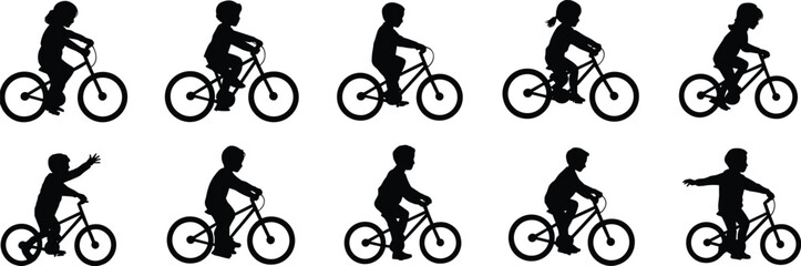 Fototapeta premium Ten Silhouettes Of Children Riding Bicycles On White Background kids