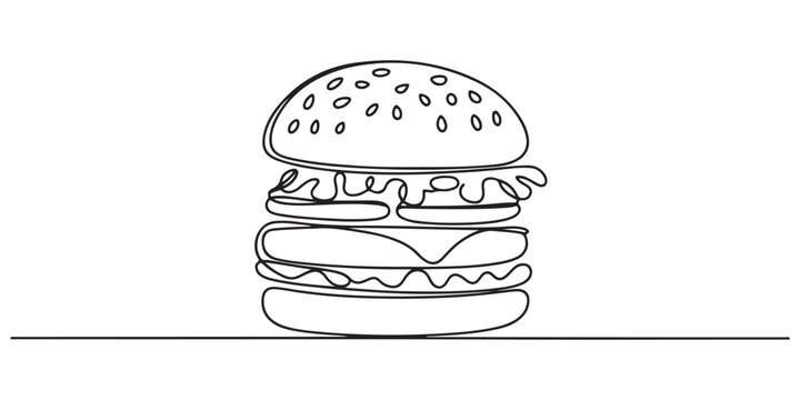 continuous line of burgers. line drawing of stuffed burger isolated. one line Icon drawing with white background, Single line drawing of a hamburger food illustration. Continuous one line drawing