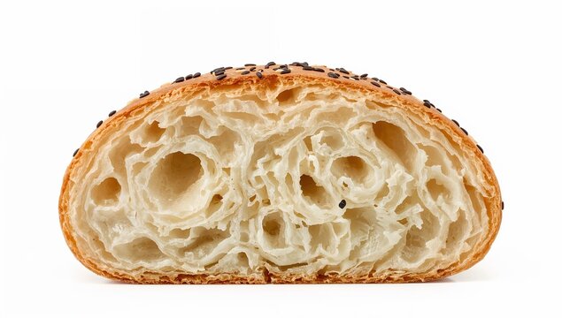 Traditional middle eastern khubz bread slice with airy crumb and sesame seeds on top, isolated on white background