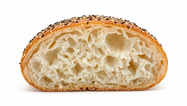 Single slice of traditional middle eastern khubz bread with airy interior and sesame seeds on top, isolated on white background