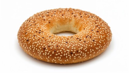 Traditional middle eastern kaak bread ring with golden crust and generous sesame seed coating on white background